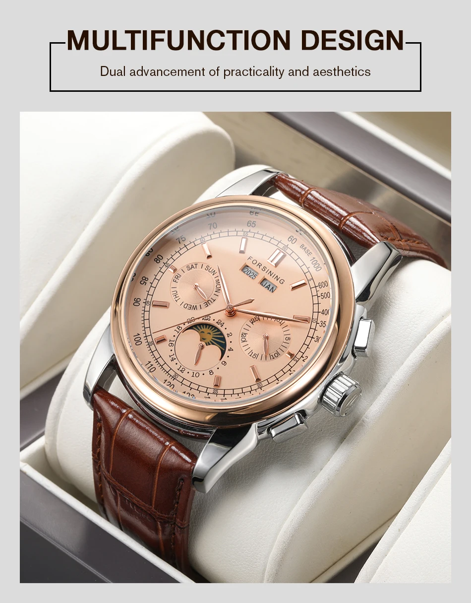 Forsining Retro Mechancial Uhren Mondphase Shanghai Uhrwerk Roségoldgehäuse Braunes Lederarmband Luxuriöse automatische Herrenuhr – Detail 2