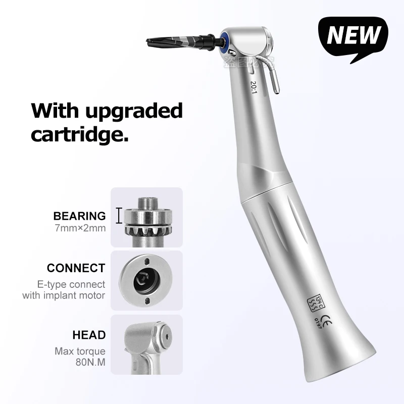 Dental 20:1 SG20 Contra Angle Slow Low Speed Handpiece Fit to Dental Implant Motor for 2.35mm Burs E-Type with Stainless Steel