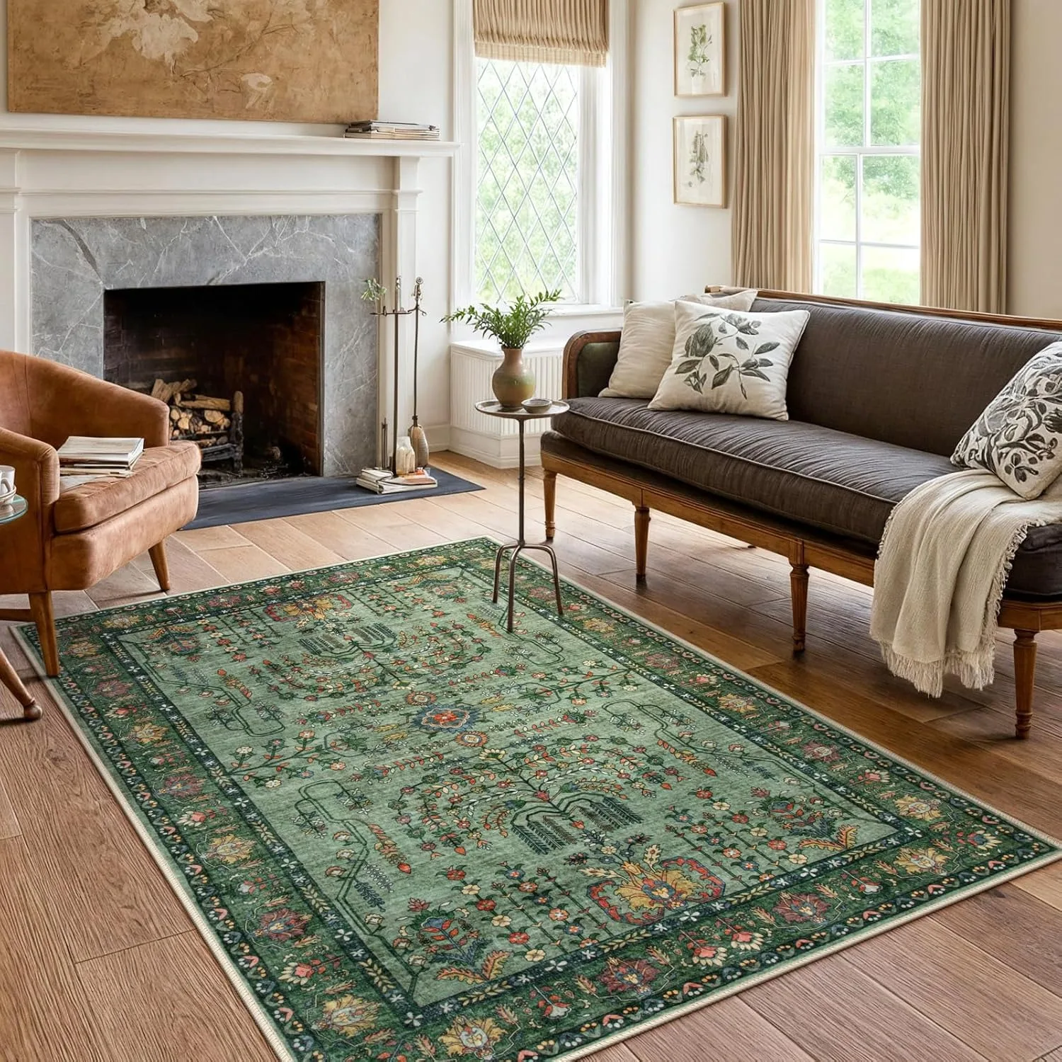 

Living Room Carpet Non-slip Machine Washable Soft Floor Mat Green Plant Flower Home Decoration Rug Large Area Rugs Bedroom Mats