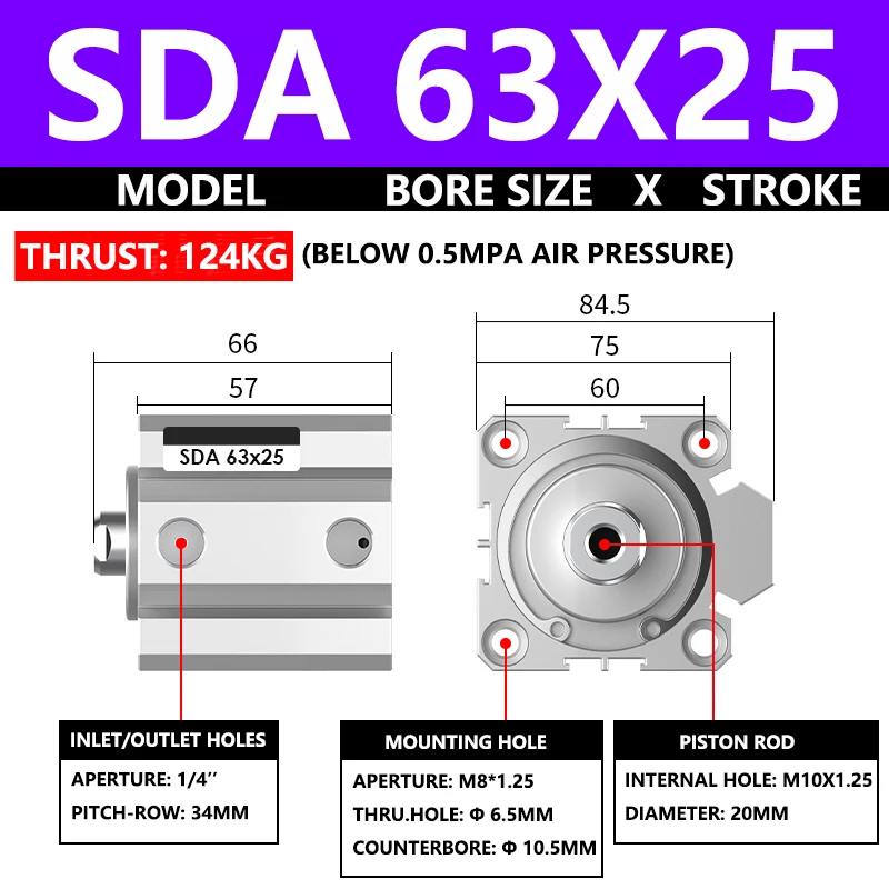 ABILKEEN SDA63X25 SDA Series Thin Air Cylinder 63MM Female Thread Bore X 25MM Stroke Double Acting Pneumatic Compact Cylinder