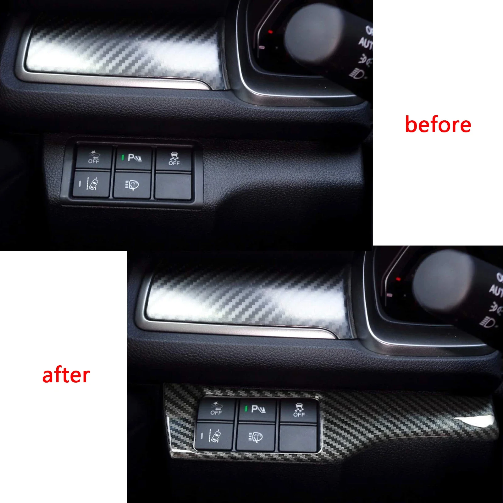 Carbon Fiber Style Interior Headlight Switch Button Frame Cover Molding Trim Decal For Honda Civic 2016 2017 2018 2019 2020 2021