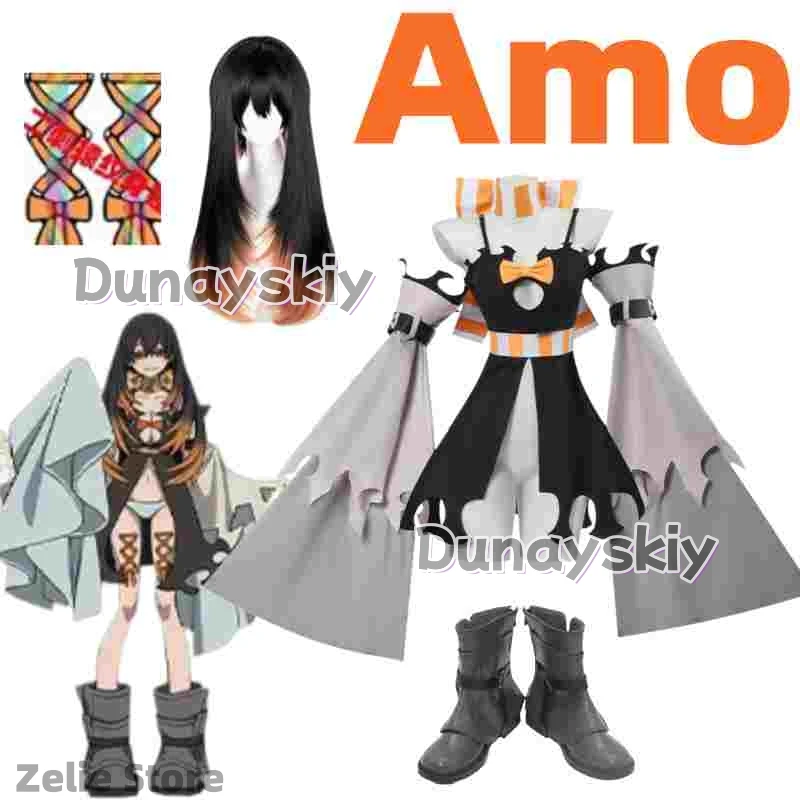 Anime Amo Empool Cosplay Costume Black Dress Wig Full Set for Women Role Play Outfit with Accessories Theme Party