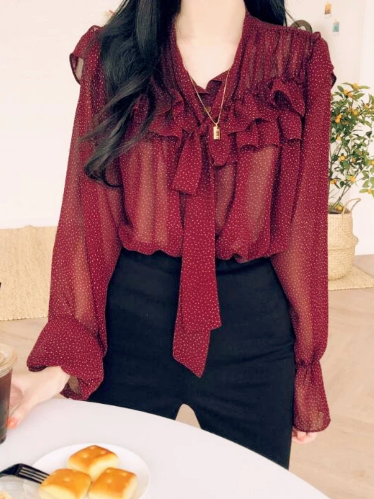 Bow Tie Tops Women Korean Style Flare Sleeve Design Vintage Tops Sweet Red Black Chiffon Romantic Polka Dot Ruffled Blouse Shirt