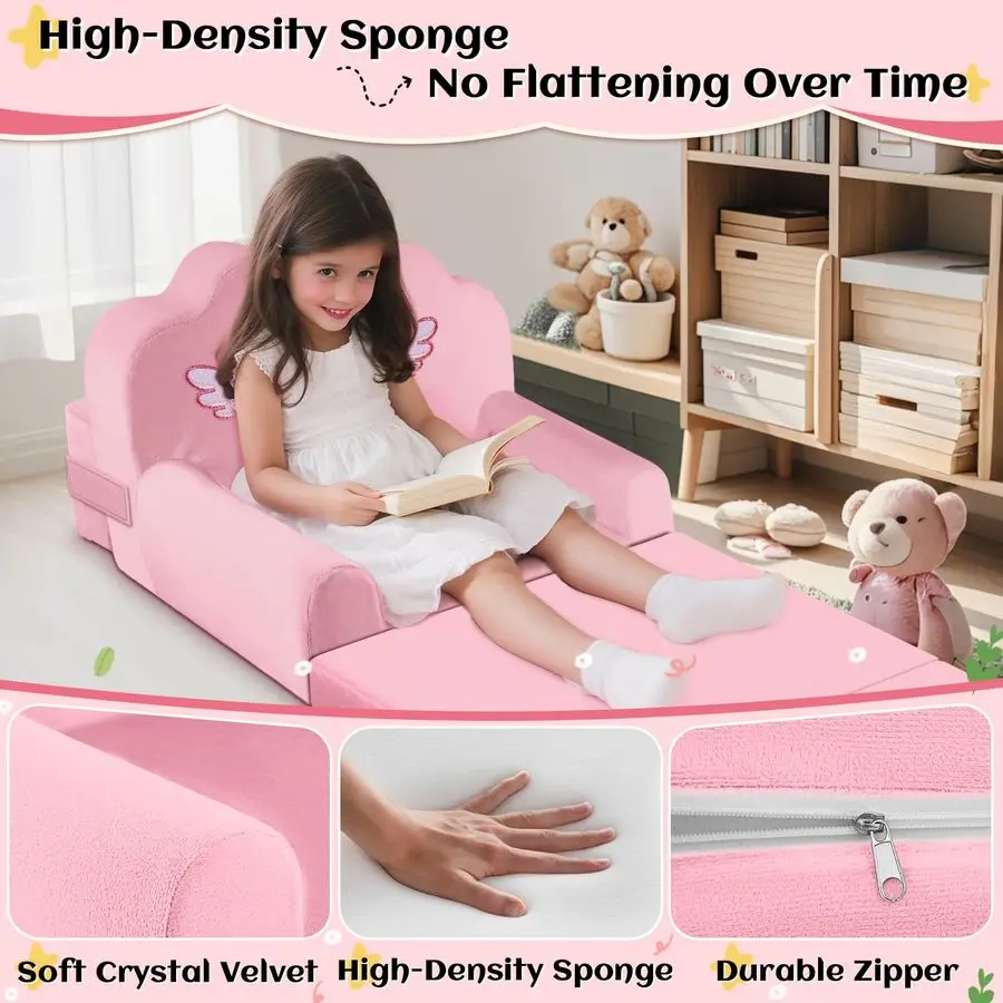 أريكة سرير للأطفال مع غطاء قابل للإزالة وقابل للغسل ومسند ظهر MagicTape كرسي طفل صغير قابل للطي، أثاث مخملي كريستالي مريح لـ Pla