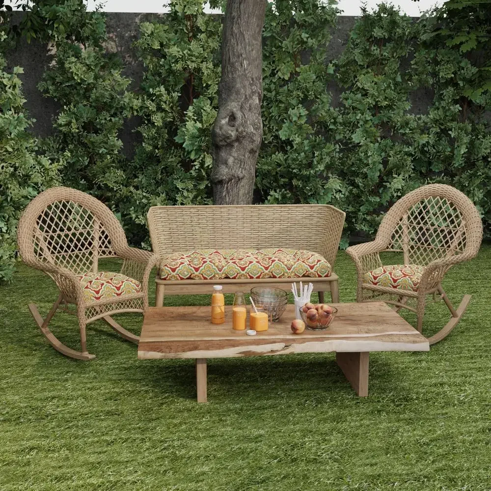 Geometric Outdoor Wicker Chair and Bench Cushion Set UV Resistant Water Resistant Red Medallion Pattern 3-Piece Settee and Chair