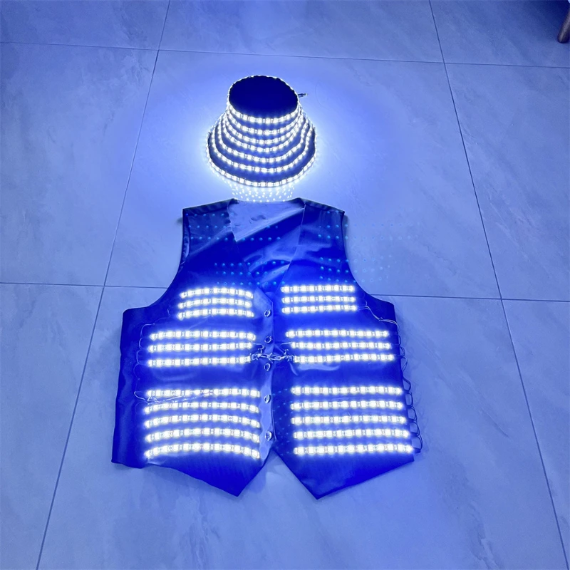 White Color Led Suit Shirt Hat Bar Waiter Working Clothes DJ Dance Performance Show Jacket Mask Laserman Dress