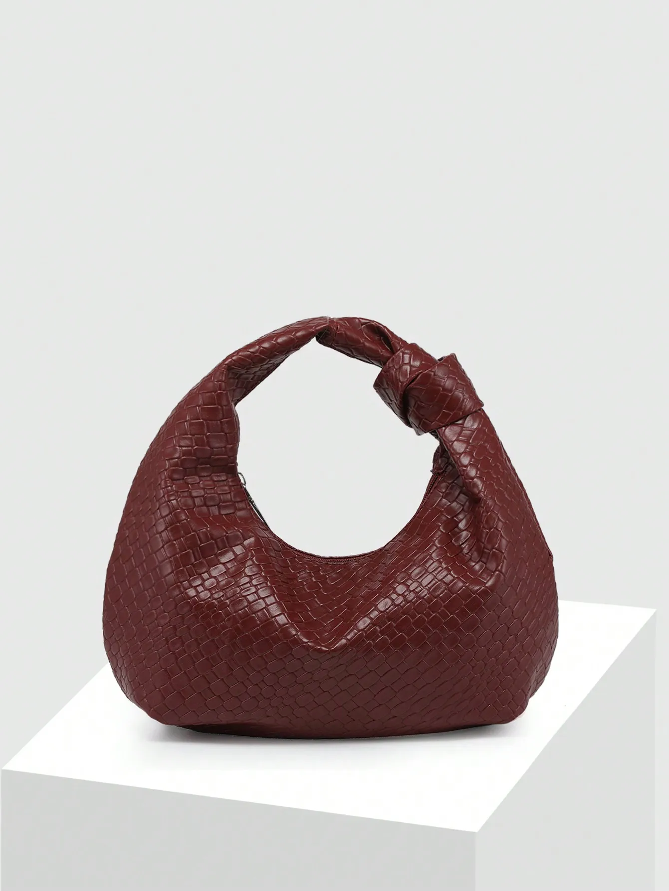 

Women's Burgundy Croc-Embossed Knot Handle Hobo Bag, Faux Leather, Casual Chic Style