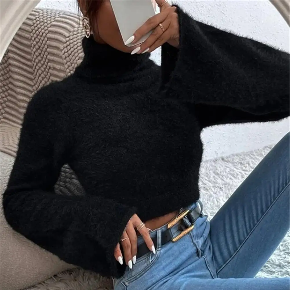 

Women High Neck Sweater Stylish Women's High Collar Cropped Sweater with Flared Long Sleeves Solid Color Slim Fit for Exposed