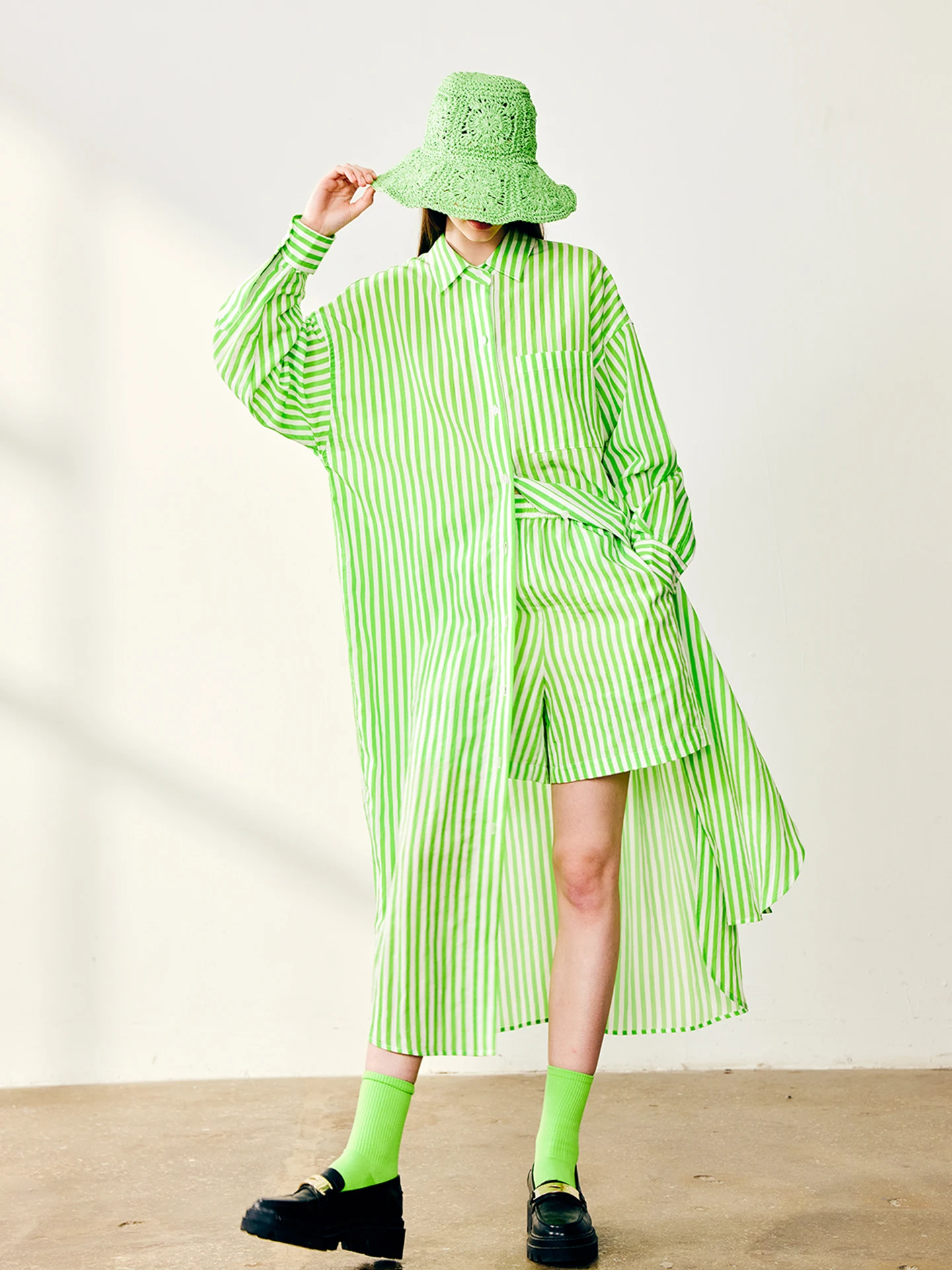 

Loose Fit Long Sleeve Shirt Dress Casual H-Line Design Independent Green Striped Draped Shape City Commute Dress