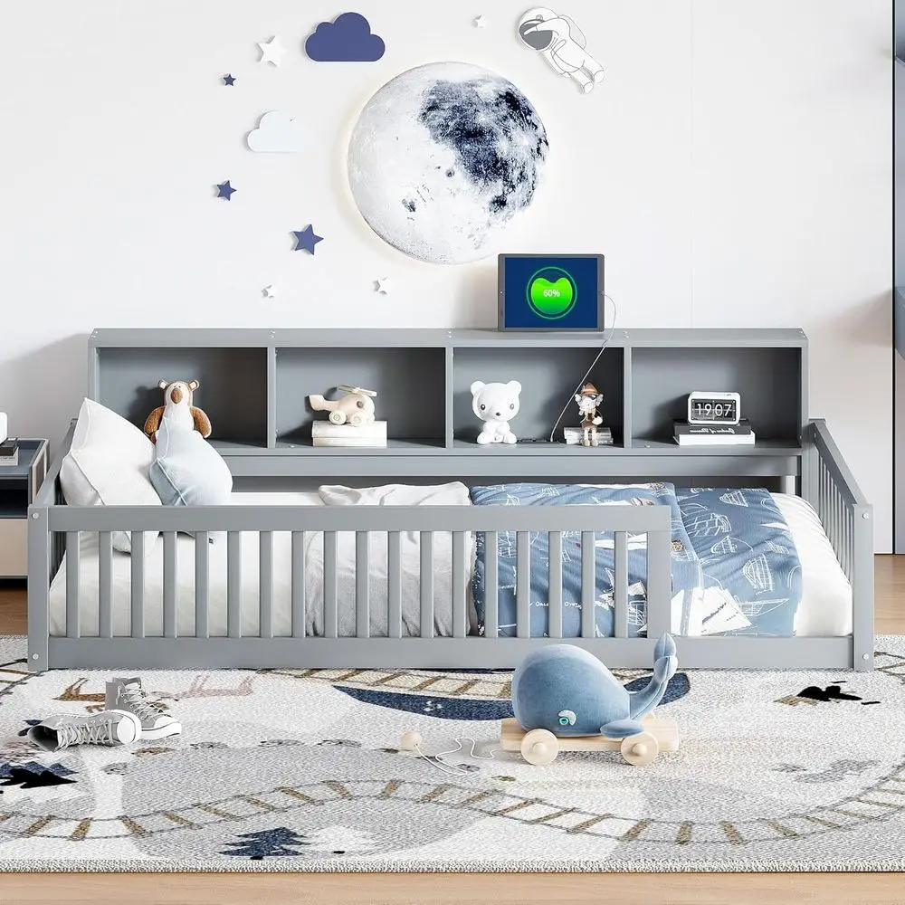 

Twin XL Loft Bed with Bookcase and Charging Station for Kids, Gray