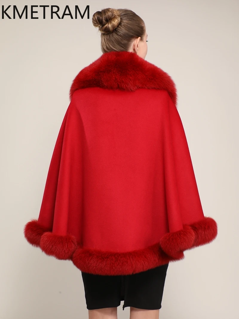 90% Wool + 10% Cashmere Cloak with Fox Fur Collar Short Real Fur Coat Woman Winter Red Party Shawl Coats Women Clothing 2025