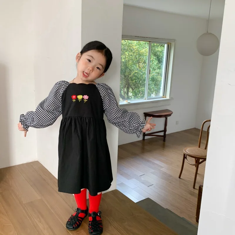 

Plaid Patchwork Embroidered Children's Dress Korean Spring and Autumn Style Girls' Long Sleeve Dress Little Girls' Long Dress