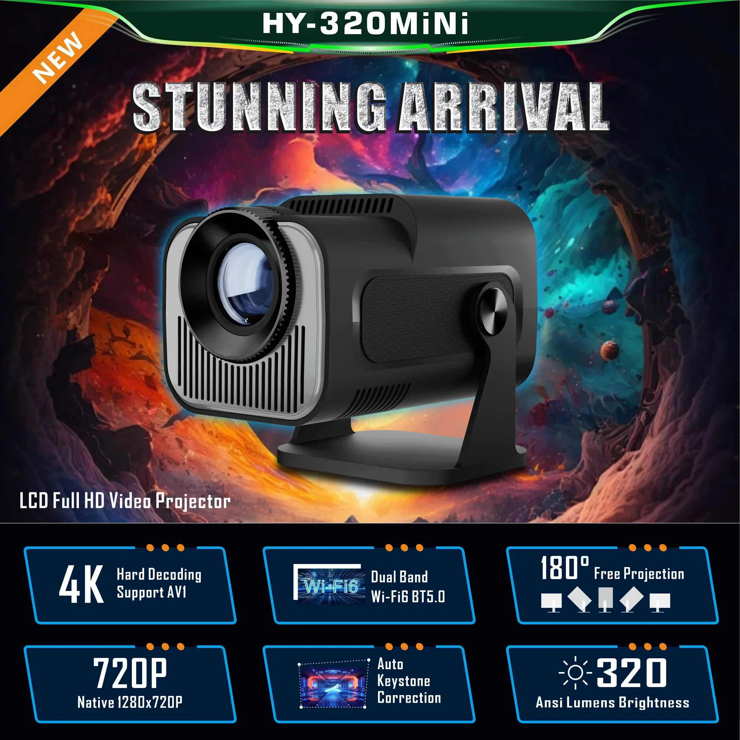 HY-320Mini Portable Newly Native 720P Allwinner H713 Android11 4K Projector 320ANSI Wifi6 BT5.0 Cinema Outdoor Rotable Projector