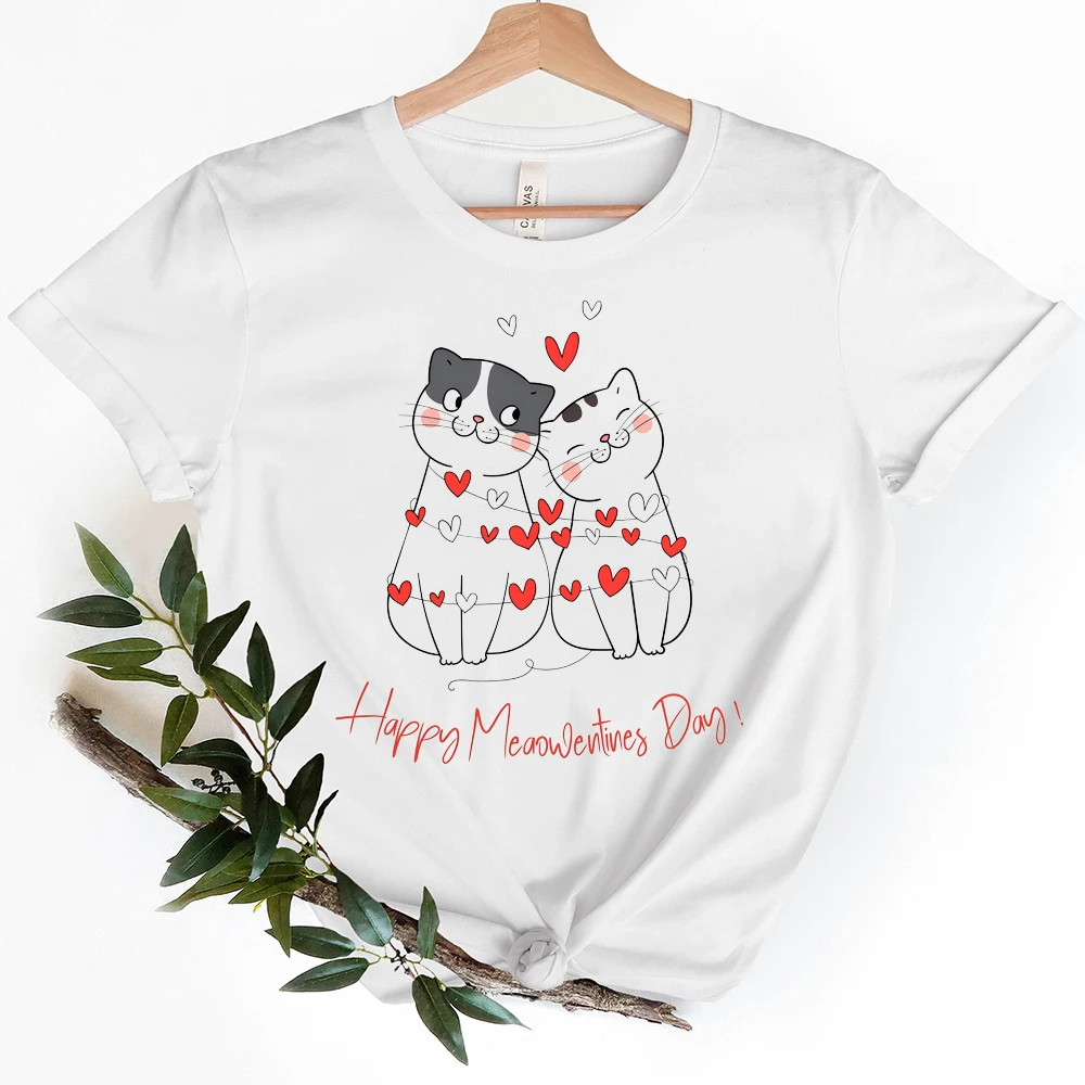 Cat Mom T-shirts for Women Summer Lovely Short Sleeve Happy Meowentine's Day Tee Shirts Cat Valentines Sublimation Mother's Day