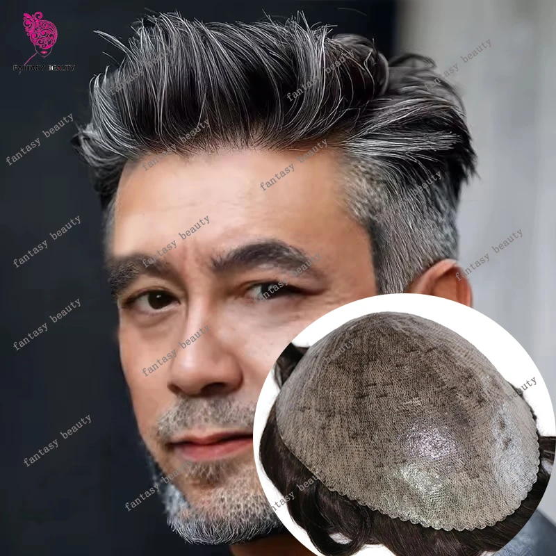 رمادي ذكر الشعر الاصطناعي 0.12 مللي متر DurabIe حقن الجلد الشعر المستعار رجل الباروكات للرجال الرجال الشعرية الاصطناعية 100% خصلات الشعر البشري
