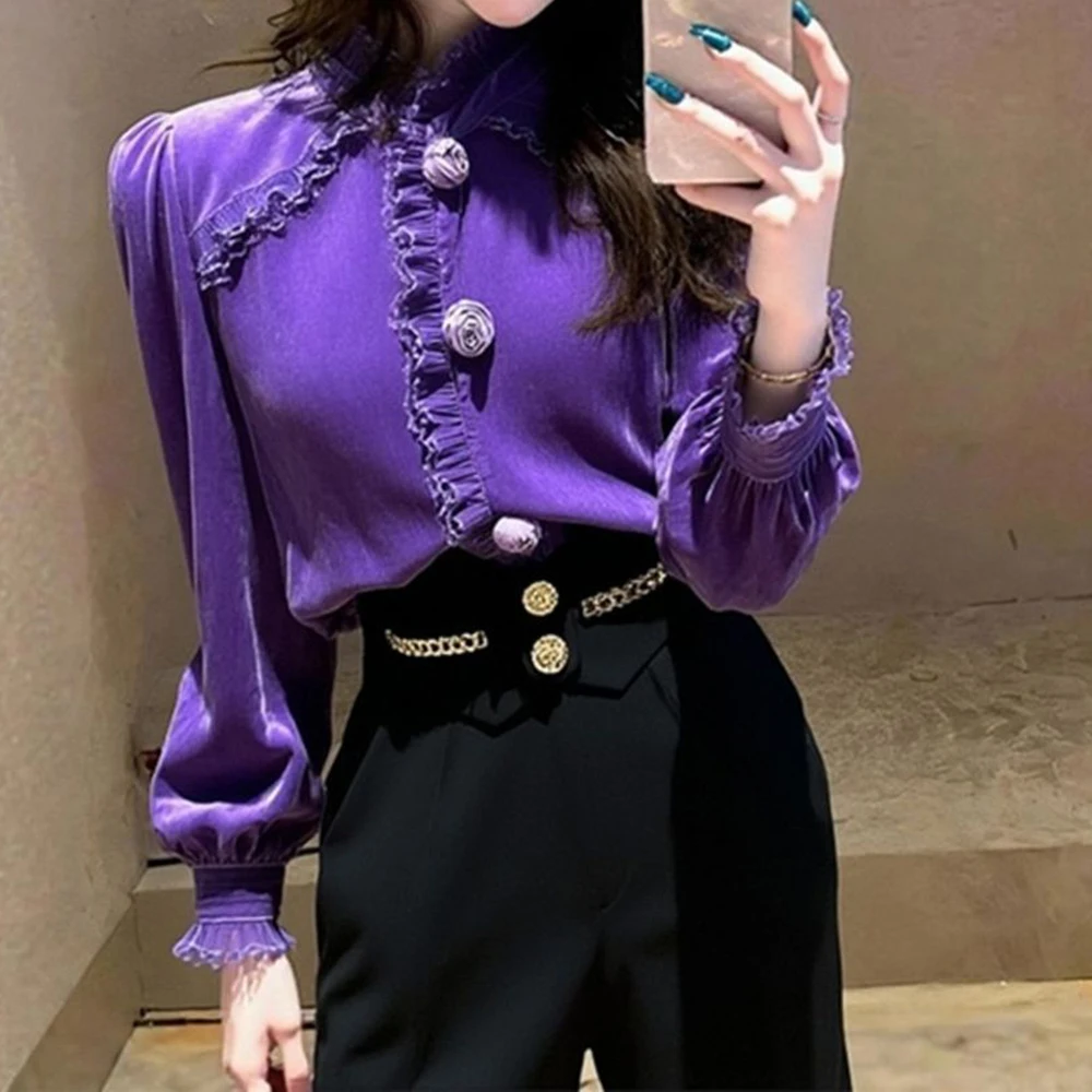 Pink shirt women's high-end sense foreign style is beautiful and good-looking inside French petty bourgeoisie velvet top winter