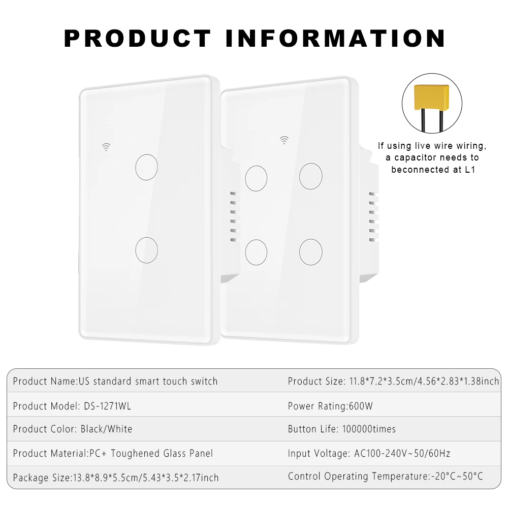 Smart WiFi Touch Switch US Standard Voice/APP Control Smart Home Light Switch Compatible with Alexa Google Home for Bedroom