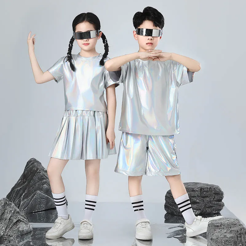 Set hip-hop per ragazzi e ragazze Costume da ballo jazz color argento Abiti da spettacolo per bambini Costume da ballo di strada di moda