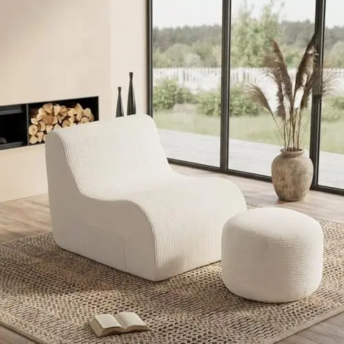 Bean Bag Chair with Ottoman, Lazy Sofa for Adults for Living Room,White | Ergonomic, Non-Slip Base, Side Pocket