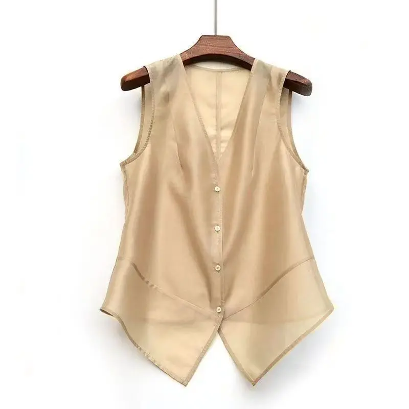 

Летняя модная тонкая футболка на пуговицах, однотонная рубашка без рукавов с v-образным вырезом и солнцезащитным кремом, женский простой кардиган, майка, пальто для женщин