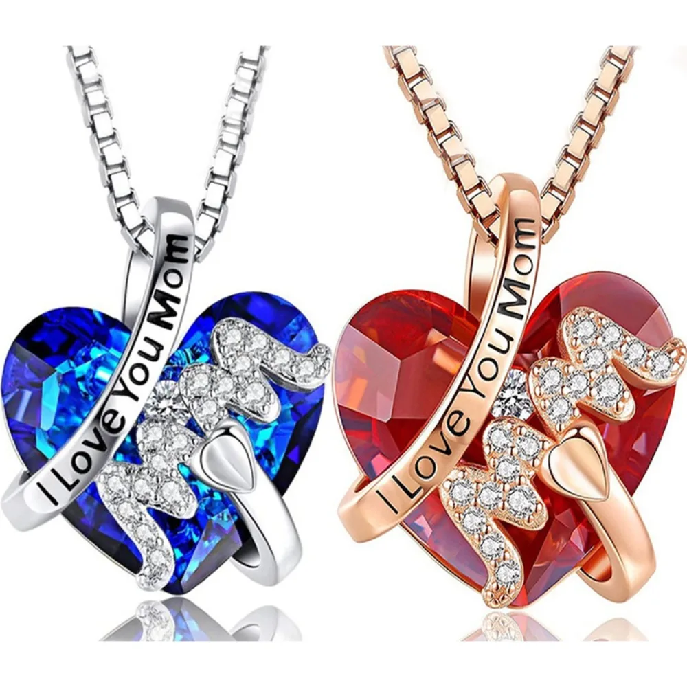 Luxury Fashion Mother's Day Gift Mom Heart Pendant Necklace Red/Blue Chain Necklace Women Mother Neck Accessories