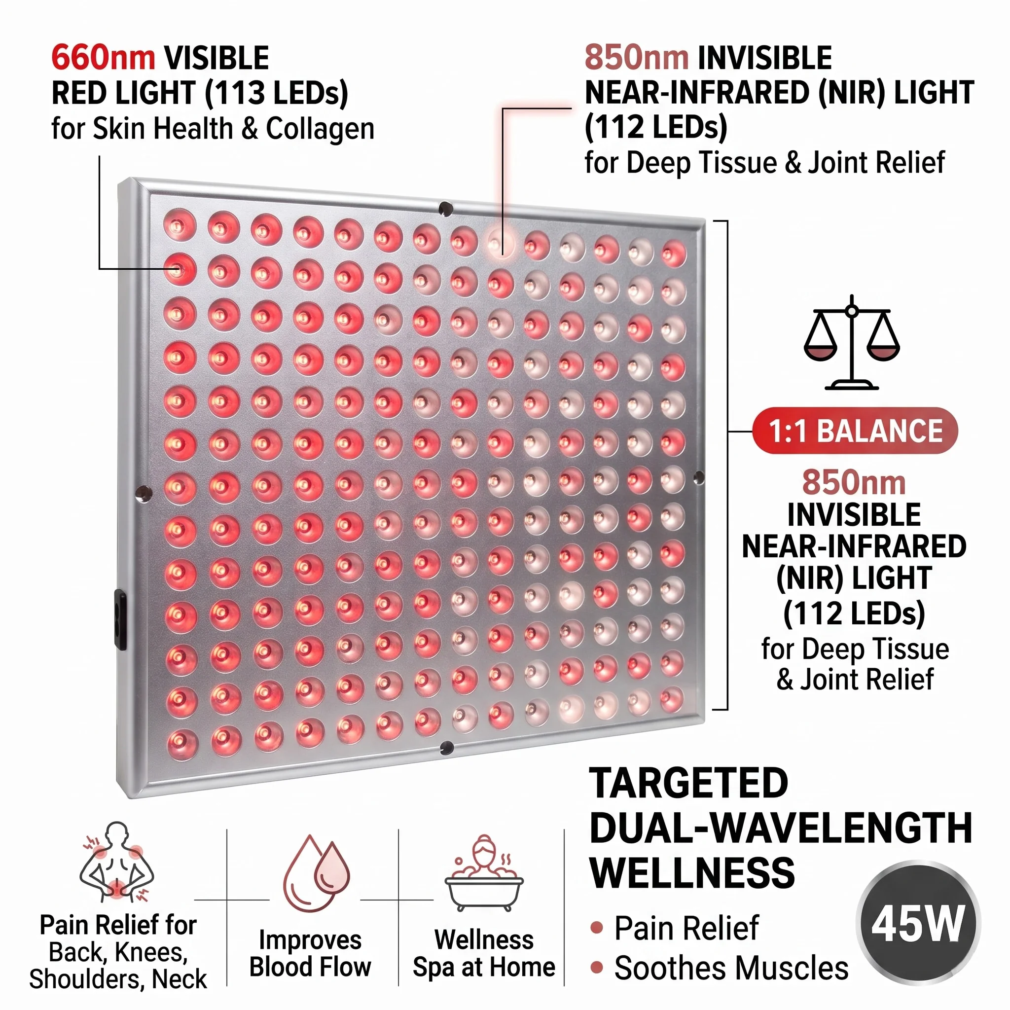 

45W LED 660nm 850nm Red Near Infrared Light Therapy Panel Full Body Pain Relief Wellness Spa Device Silver Stand Pro Goggles Kit