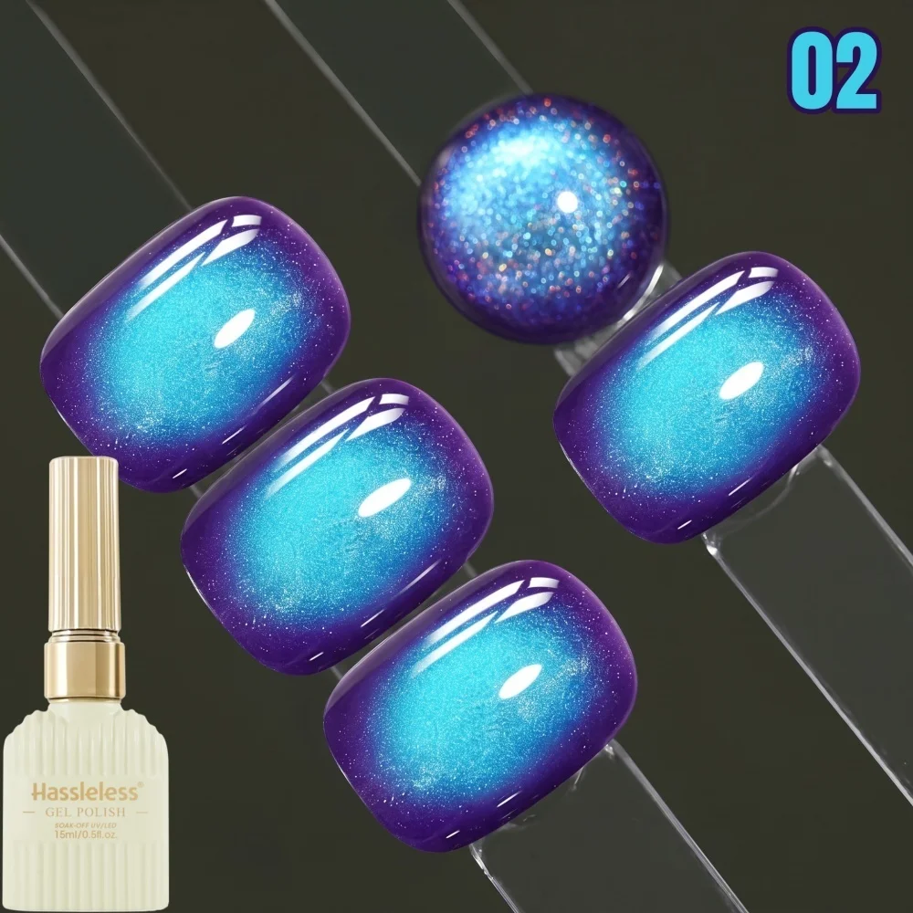 Hassleless # 02 Magnetic Cat Eye Gel Nail Polish 15ml Purple Base Cyan Light Band Uv Gel Long Lasting Gloss Gel for Fantasy Nail