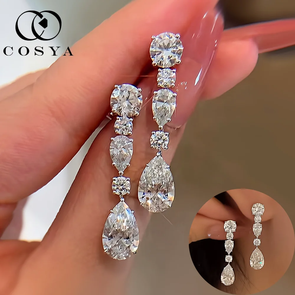 COSYA 100% S925 Silver 13.6cttw High Carbon Diamond Earrings For Women Pear Cut Drop Pendant Luxury Fine Sparkling Jewelry Gifts