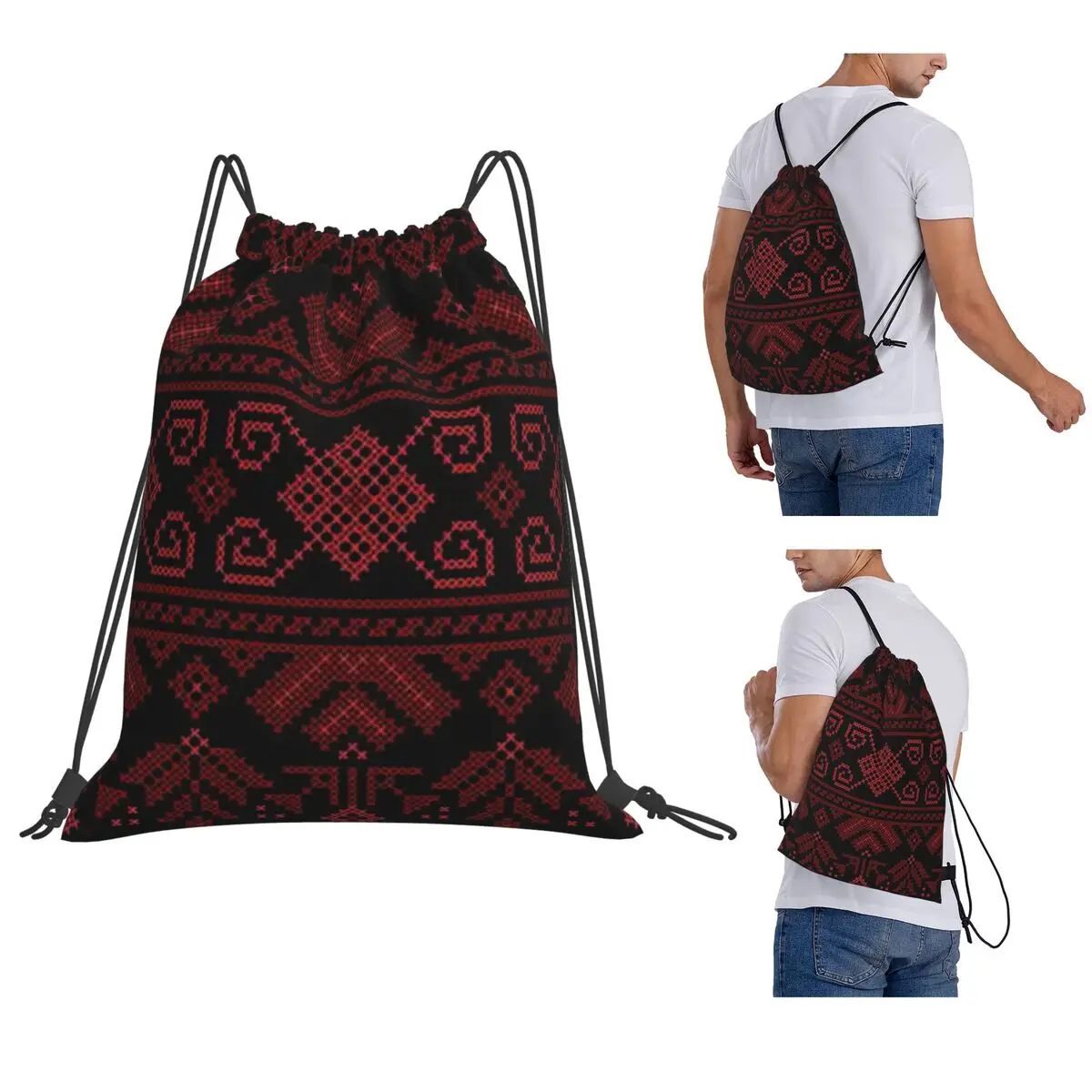 Palestinian Jordanian Traditional Realistic Embroidery Tatreez Backpacks Casual Drawstring Bags Sports Bag Book Bags Students