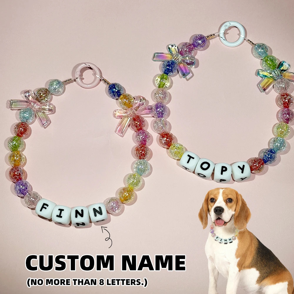 

Personalized Beaded Dog Cat Collar Custom Name Letter Necklace Colorful Sparkle Plastic Beads with Bowknot Cute Puppy Accessory