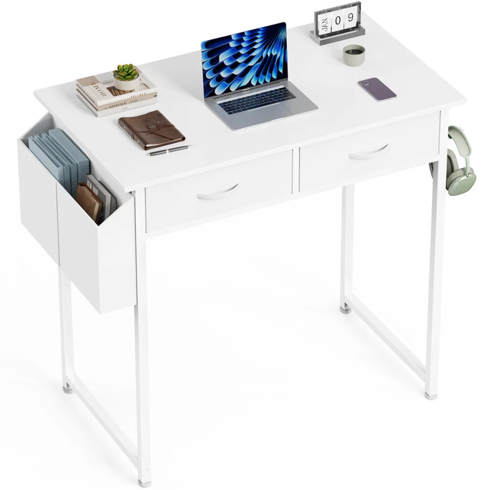 

Desks with Drawers 32 Inches,Fabric Storage Home Office PC Table Student Writing Desk，Headphone Hook Metal Frame for Bedroom