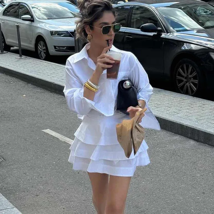 

DSMTRC Fashion White Women Skirt Two Pieces Sets 2025 Elegant Long Sleeve Blouse Top+High Waist Ruffles Mini Skirt Suits Female