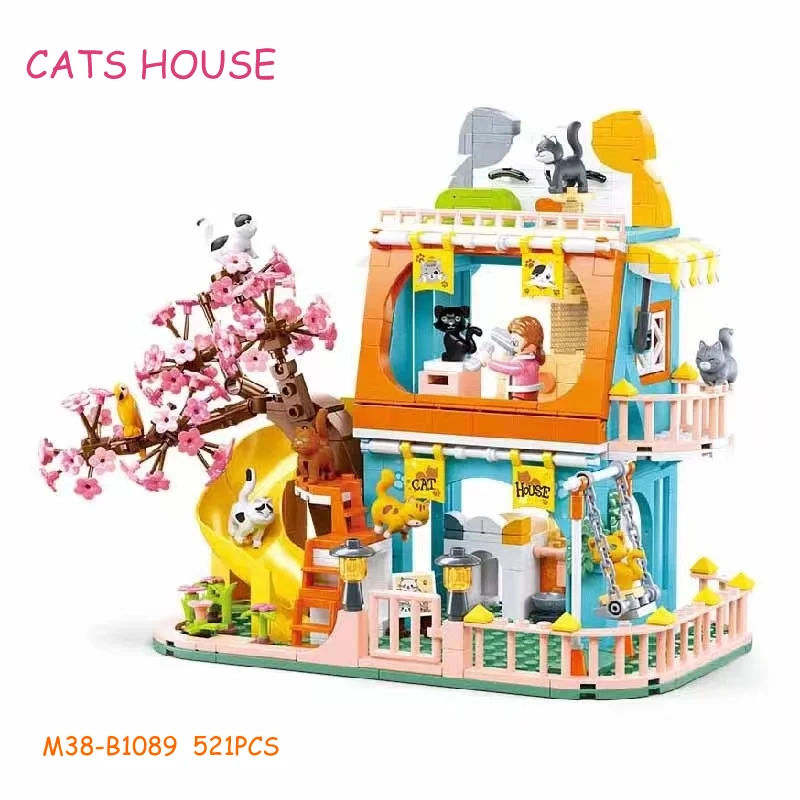 New Friends City Cat Hotel set Girl A-Frame Pet House Apartment Garden Villa Sakura Tree Building Blocks fai da te MOC Toy Kid Gift