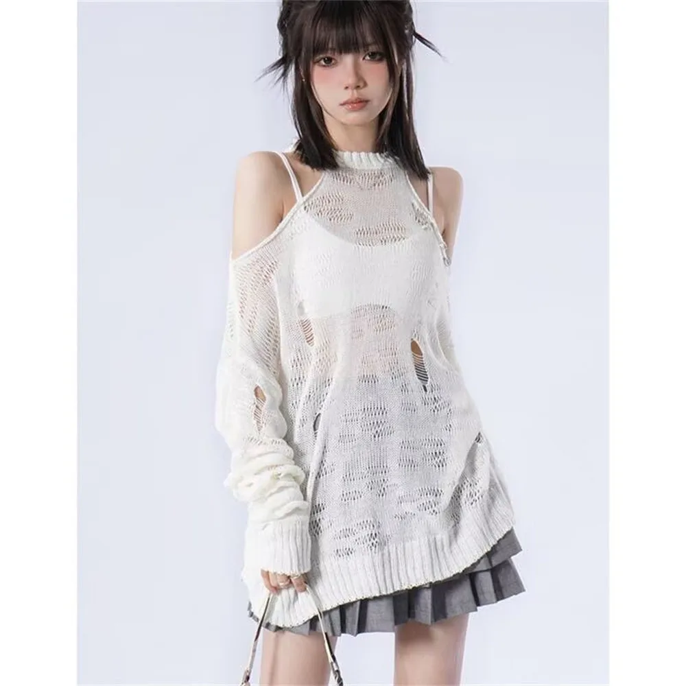Women's Hollow Long Sleeve T-Shirt Loose Off-Shoulder Thin Knitted Top Korean Fashion Sexy Pullover for Spring Summer Clothes