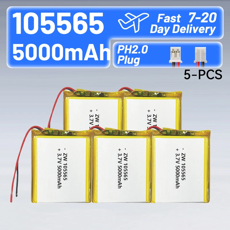 2/5/10/20PCS 3.7V 5000mAh Li-Polymer Replacement Li Lipo Battery 105565 PH2.0 2Pin/XH2.54mm/JST1.25 Connector For GPS Camera LED