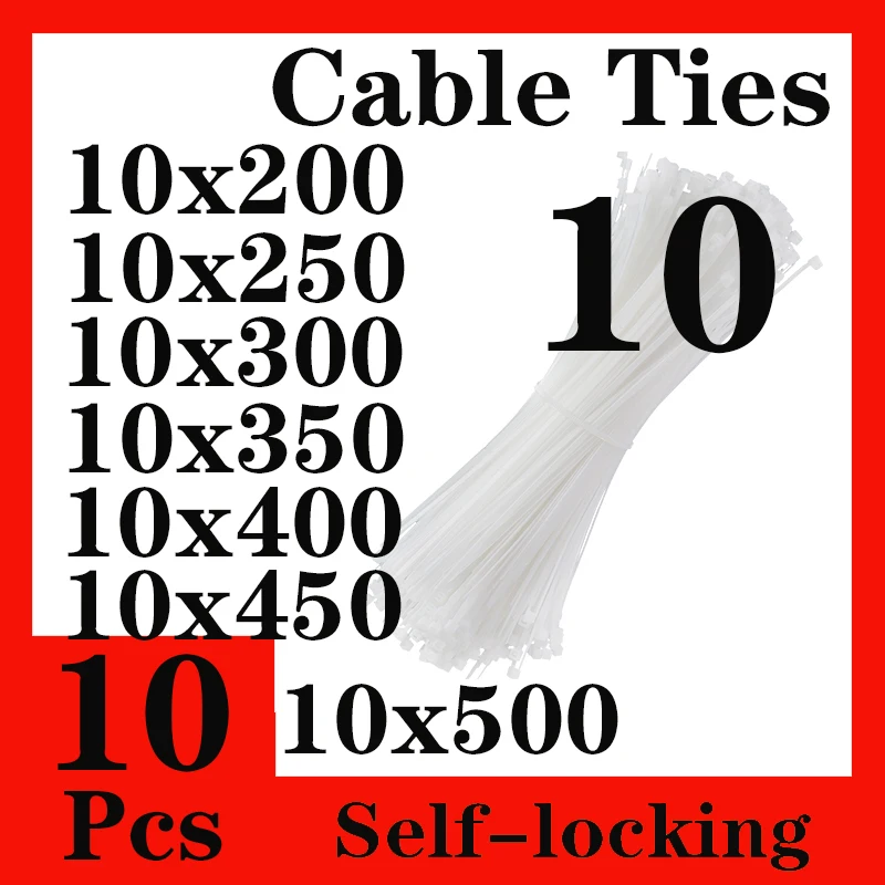 

10Pcs Self-locking Plastic Nylon Cable Tie Fastening Ring Wire Boutique 10x200/250/300/350/400/450/500 Zip Wraps Strap