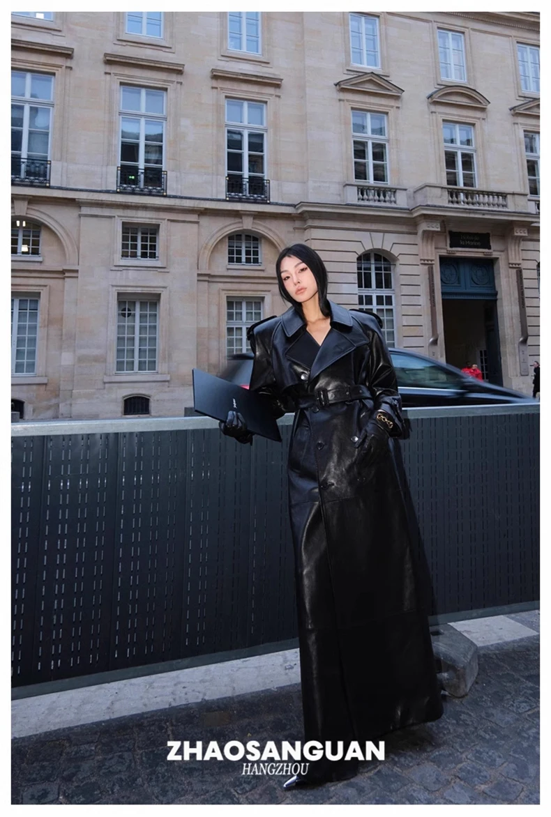 Lautaro Spring Autumn Cool Extra Long Black Loose Pu Leather Trench Coat for Women with Shoulder Pads Belt European Fashion 2024