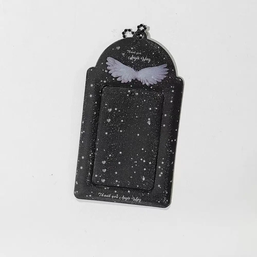 INS Black 3-inch Photocard Holder Feather Design Glitter Starry Card Sleeve with Keyring Card Cover Kpop Idol Card