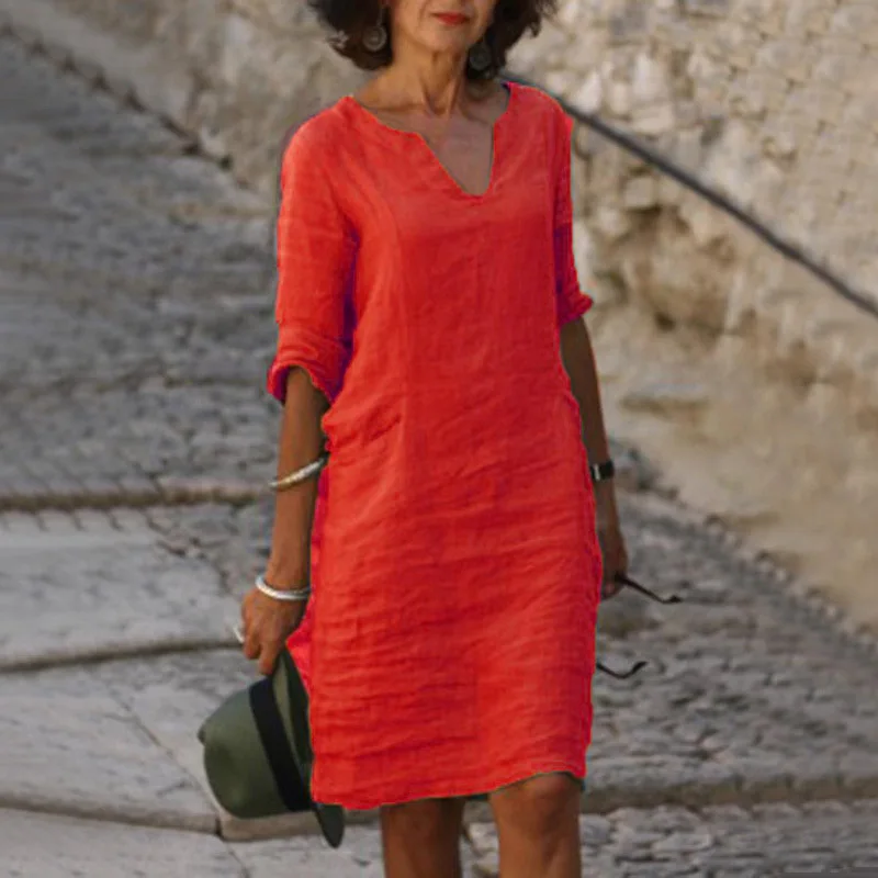 Minivestido Vintage de lino y algodón con manga tres cuartos para mujer, vestido informal de verano con cuello en V para fiesta