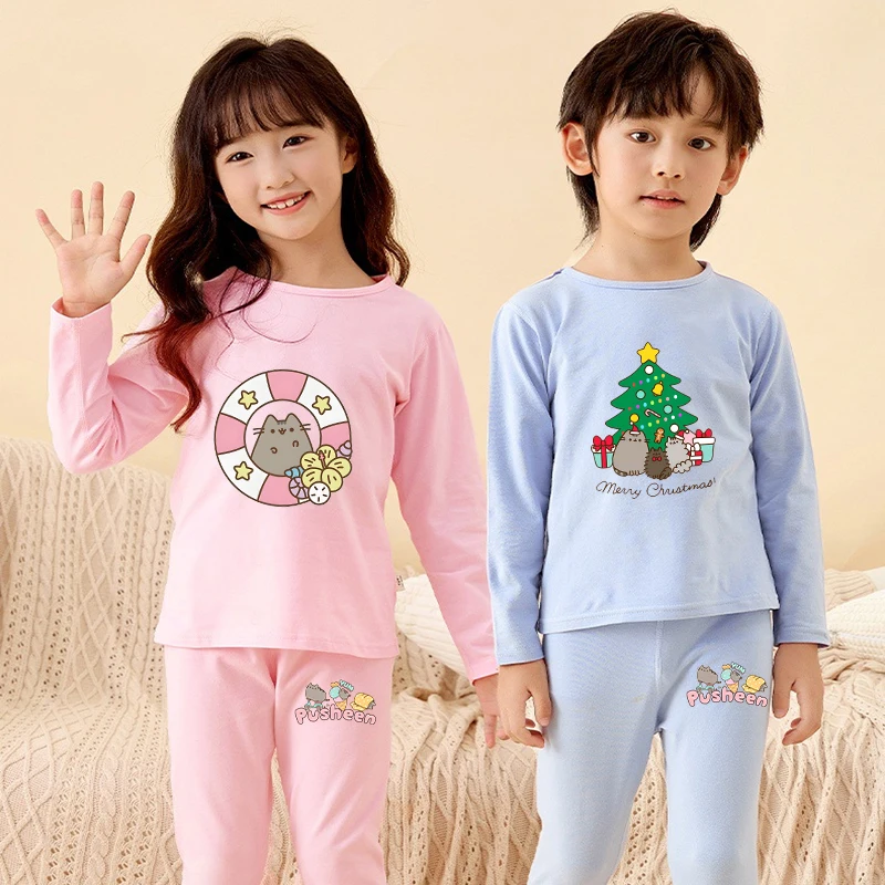 Pusheens Kids Pajamas Set Girl Baby Sleepwear Soft Cat Cartoon Clothing Nightwear Children's Long Sleeve Tops Clothes Loungewear