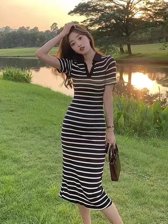 Zomer Dr Dames Casual Gebreid Slim Fit Reizen Vrije tijd Rok Gestreept Lang Dr Sexy Lady Sle f Open Kraag