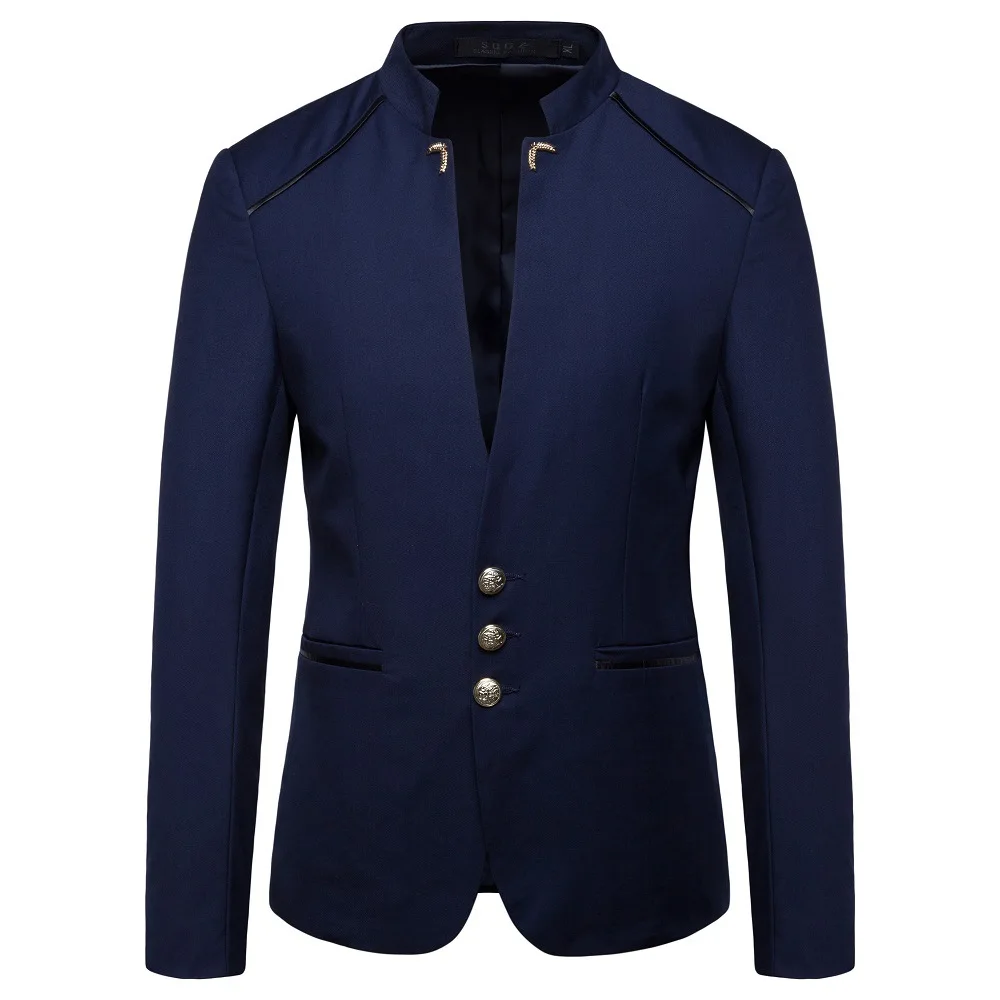 

Fashionable Men's Button Decorated Suit Jacket Autumn Trendy Long Sleeve Stand Collar Double Breasted Casual Single-Brea...