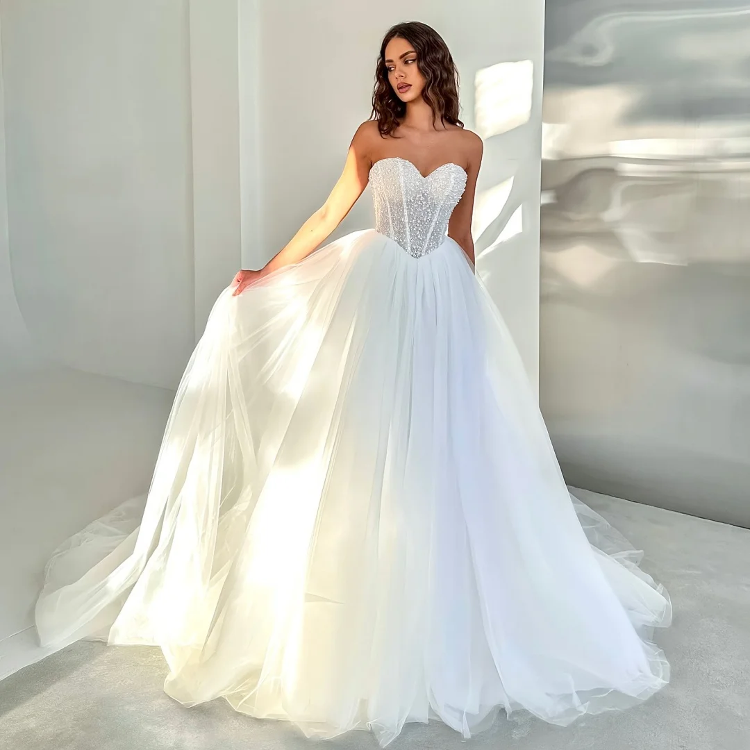 

White Tulle Wedding Dresses Sweetheart Lace Beaded Corset Bridal Gown Exquisite robe de mariée Customized