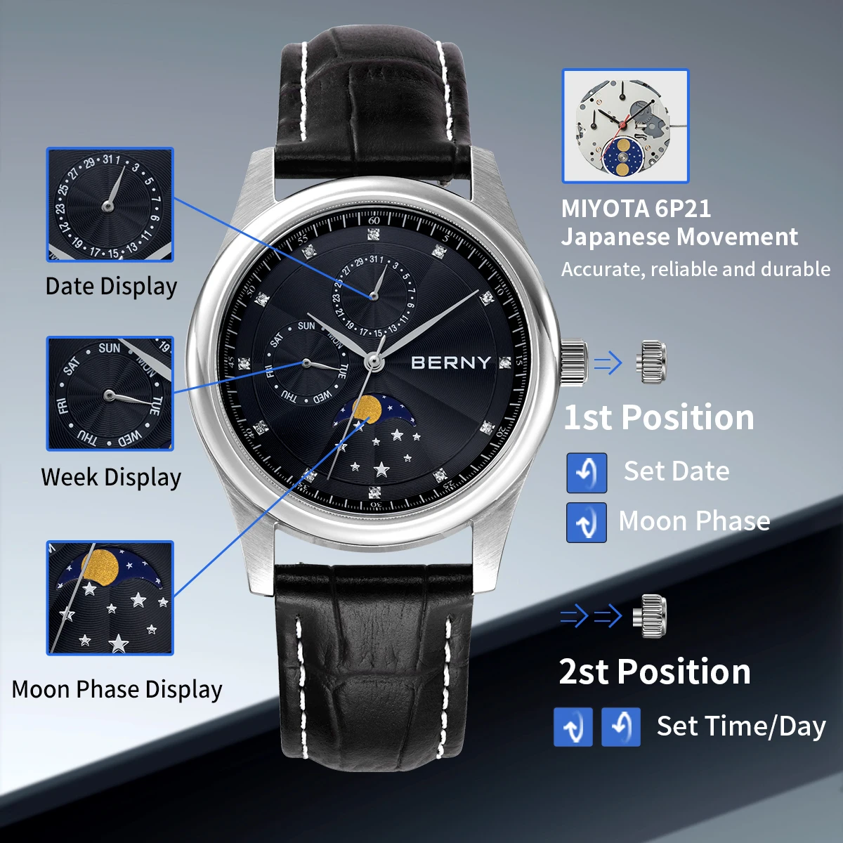 BERNY Men Watch Date Weeks Moon Phase Quartz Watches for Men Stainless Steel Leather Strap Business Wristwatch Male Clock