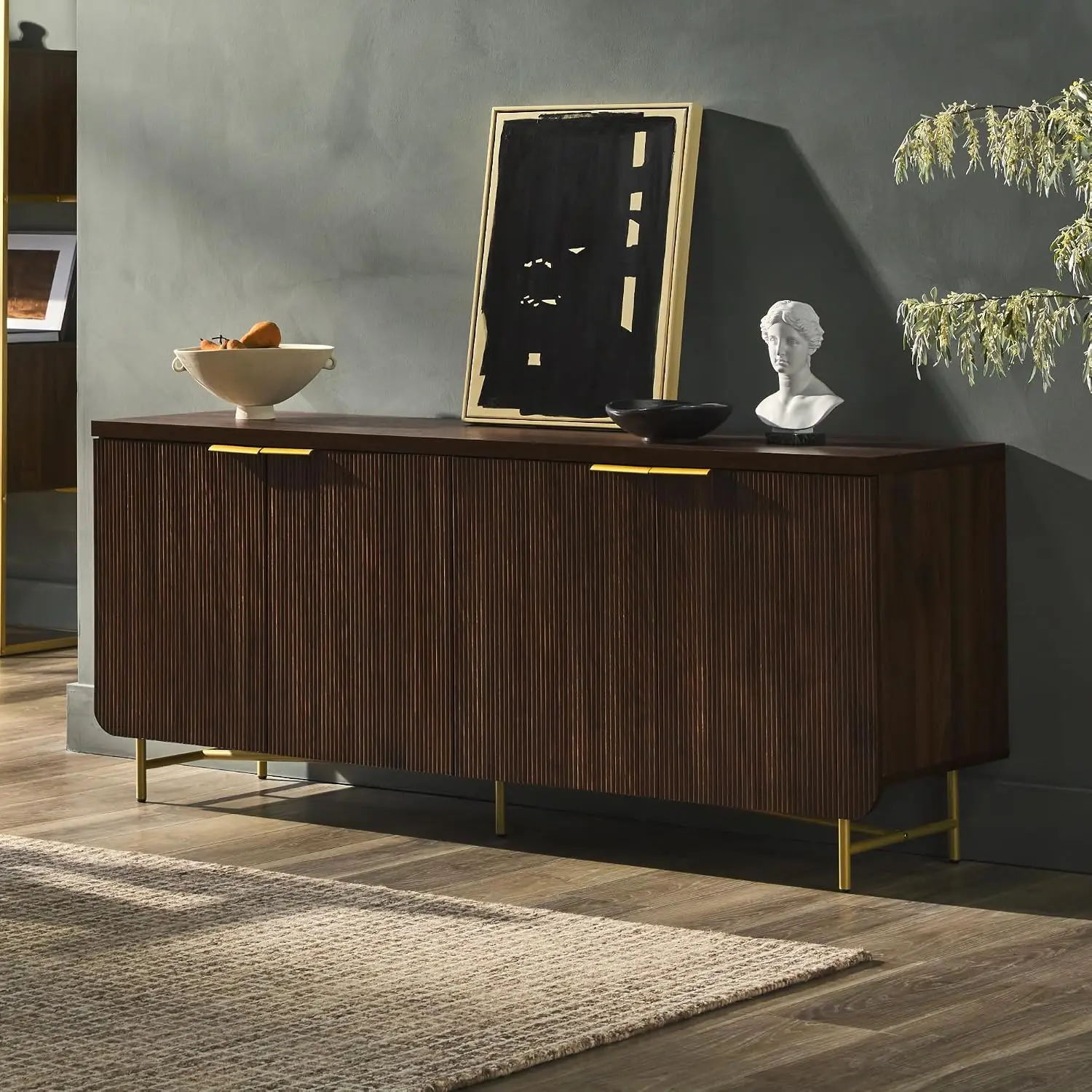Fluted 4-Door Kitchen Sideboard Buffet Console, 69 Inch, Gold, Dark Walnut, Customized