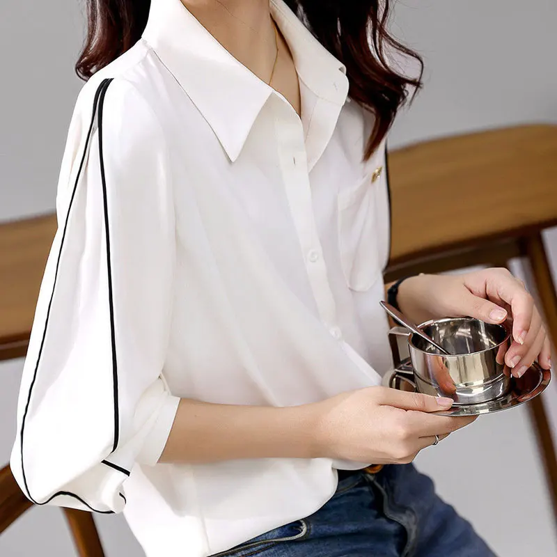 Office Lady Solid Color Polo-Neck Shirt Spring Autumn Bright Line Decoration Stylish Pockets Three-dimensional Decoration Blouse