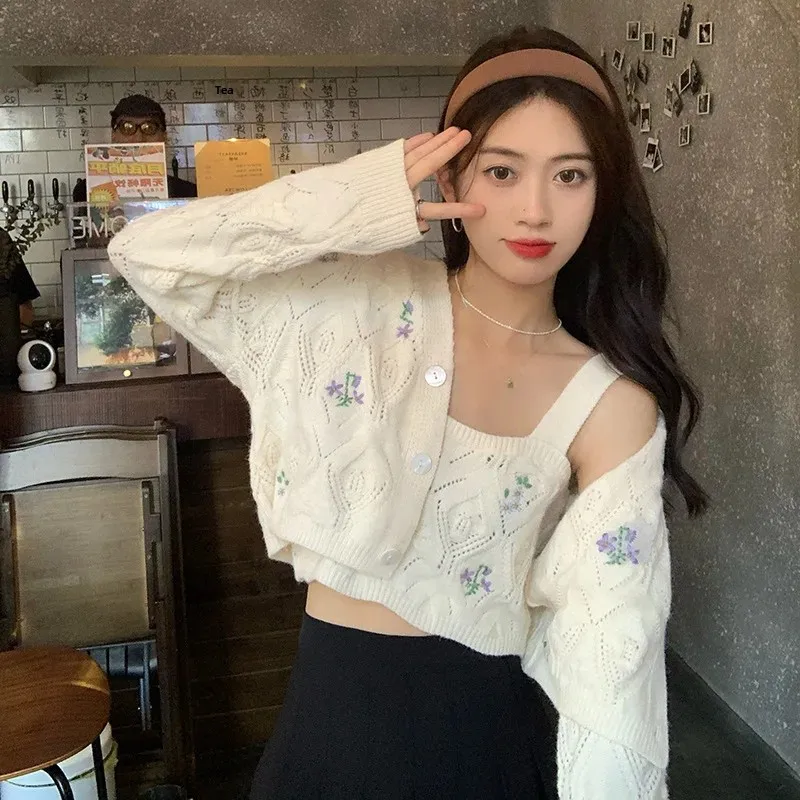 

Женский легкий весенне-осенний свитер 2024, новый вязаный свитер с вышивкой, кардиган, комплект из 2 предметов в гонском стиле