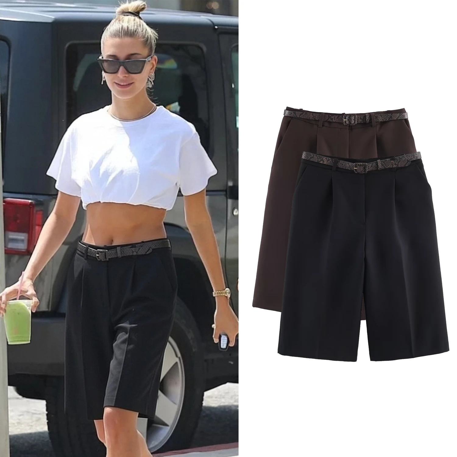 Shorts décontractés longs pour femmes, style vintage, taille haute avec ceinture, nouvelle collection printemps-été, pour les vacances et le bureau