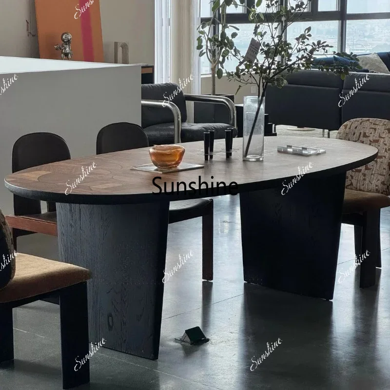 Medieval solid wood dining table Light luxury minimalist curved dining table French retro dining tableTJ
