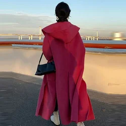 2024 Winter New Women Loose Hooded Warm Woolen Long Below The Knee Coats Female Elegant Solid Color Outwear Oversize Streetwear